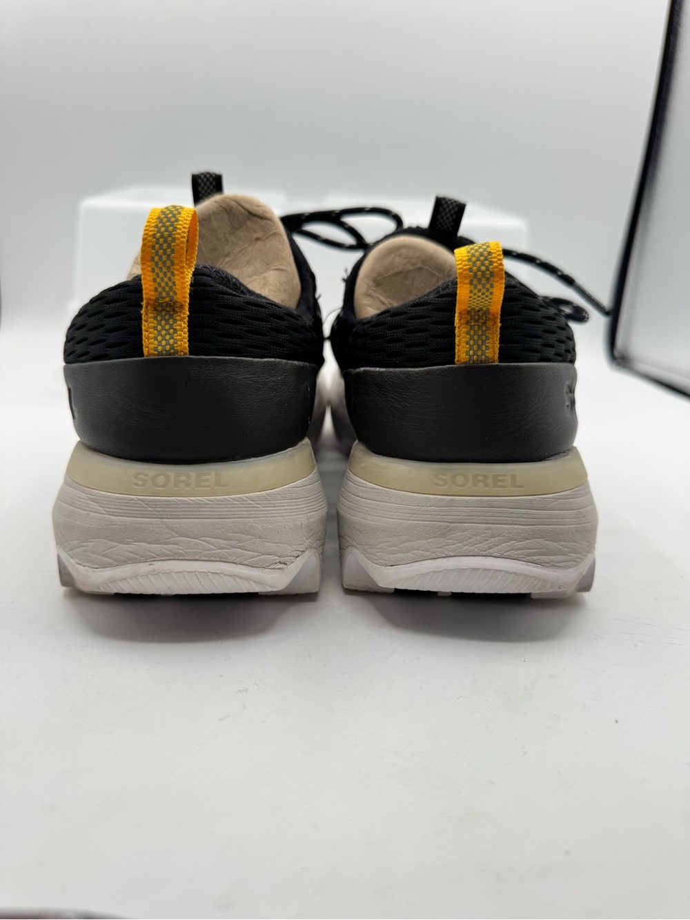Sorel Men's Black Knit Lace-Up Sneakers with Cream Soles and Yellow Pull Tabs - Picture 4 of 7